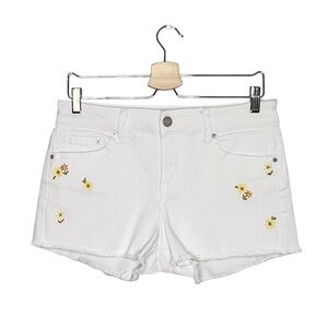 Indigo Rein White Floral Embroidered Raw Hem Cut Off Denim Shorts